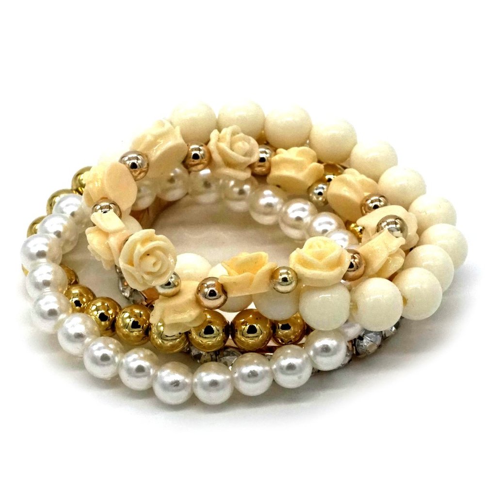 Bracelet Pearl Gold Cream Rhinestone Yellow Rose Set OS.